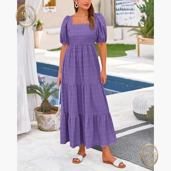 Polyester Puff Sleeve Square Neck High Waist Smocked Midi Dress - Picture 4 of 7